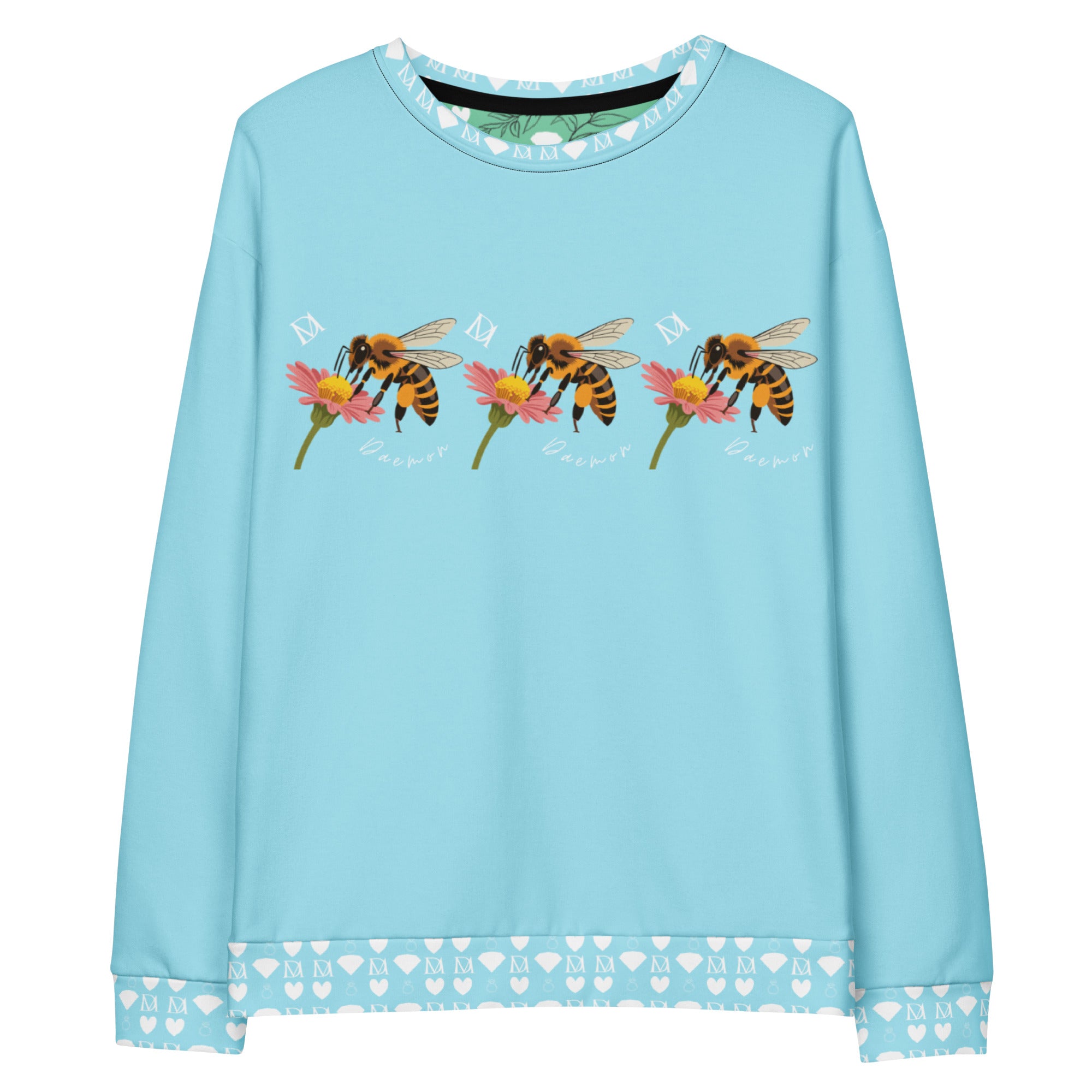 Unisex white Felpa sweatshirt with all-over Honeybee Smoothie Skyberries print by Daemon Luxury, featuring colorful berry and bee design.