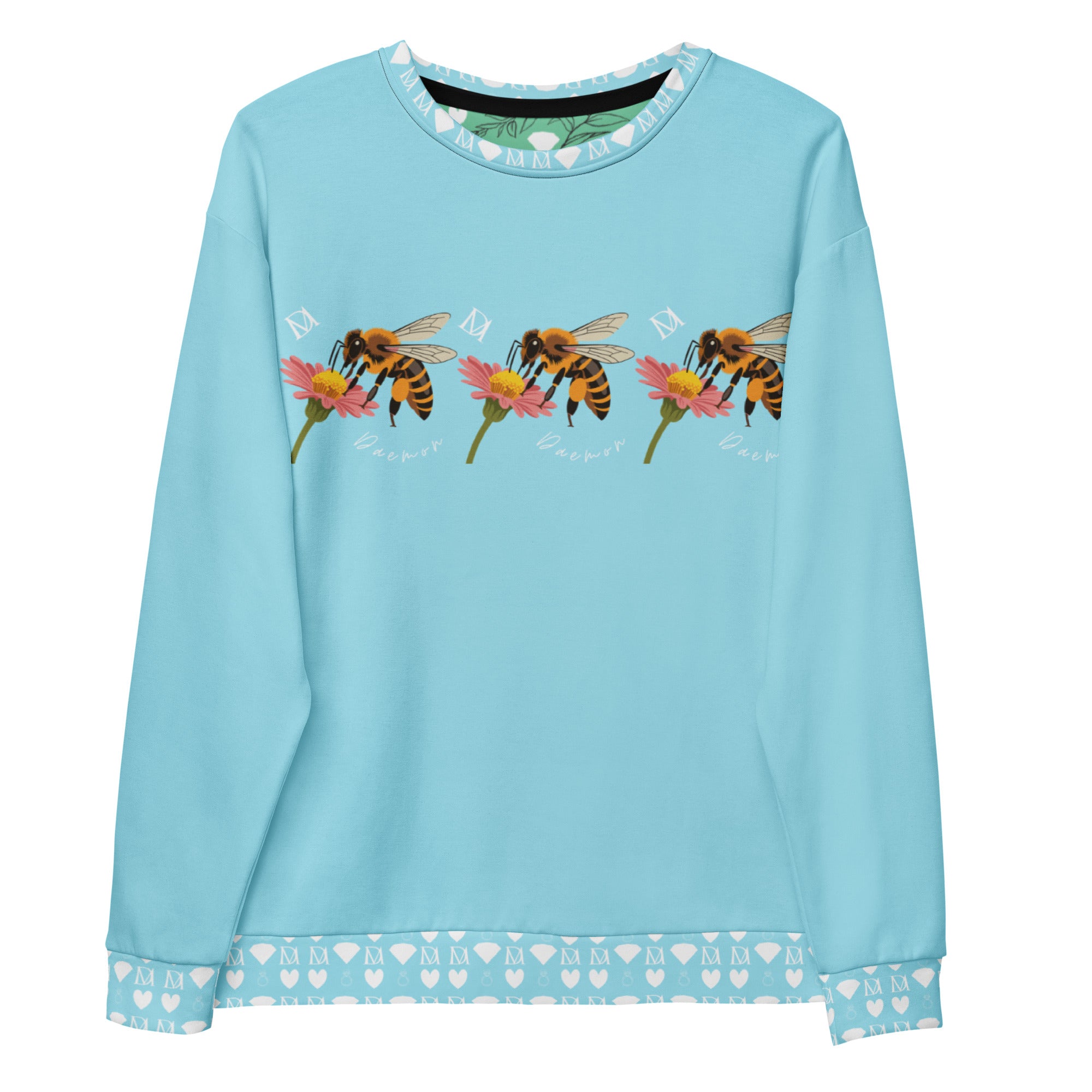 White Daemon Luxury Honeybee Smoothie Skyberries unisex sweatshirt with all-over printed recycled fabric, front view.
