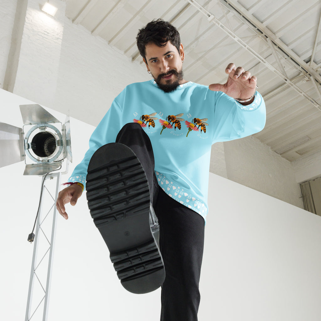 White Daemon Luxury Honeybee Smoothie Skyberries unisex recycled sweatshirt with colorful all-over print on the front.
