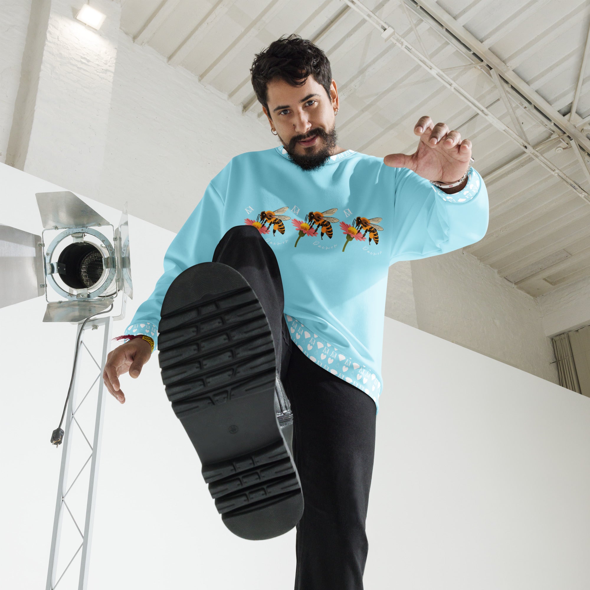 White Daemon Luxury Honeybee Smoothie Skyberries unisex recycled sweatshirt with colorful all-over print on the front.