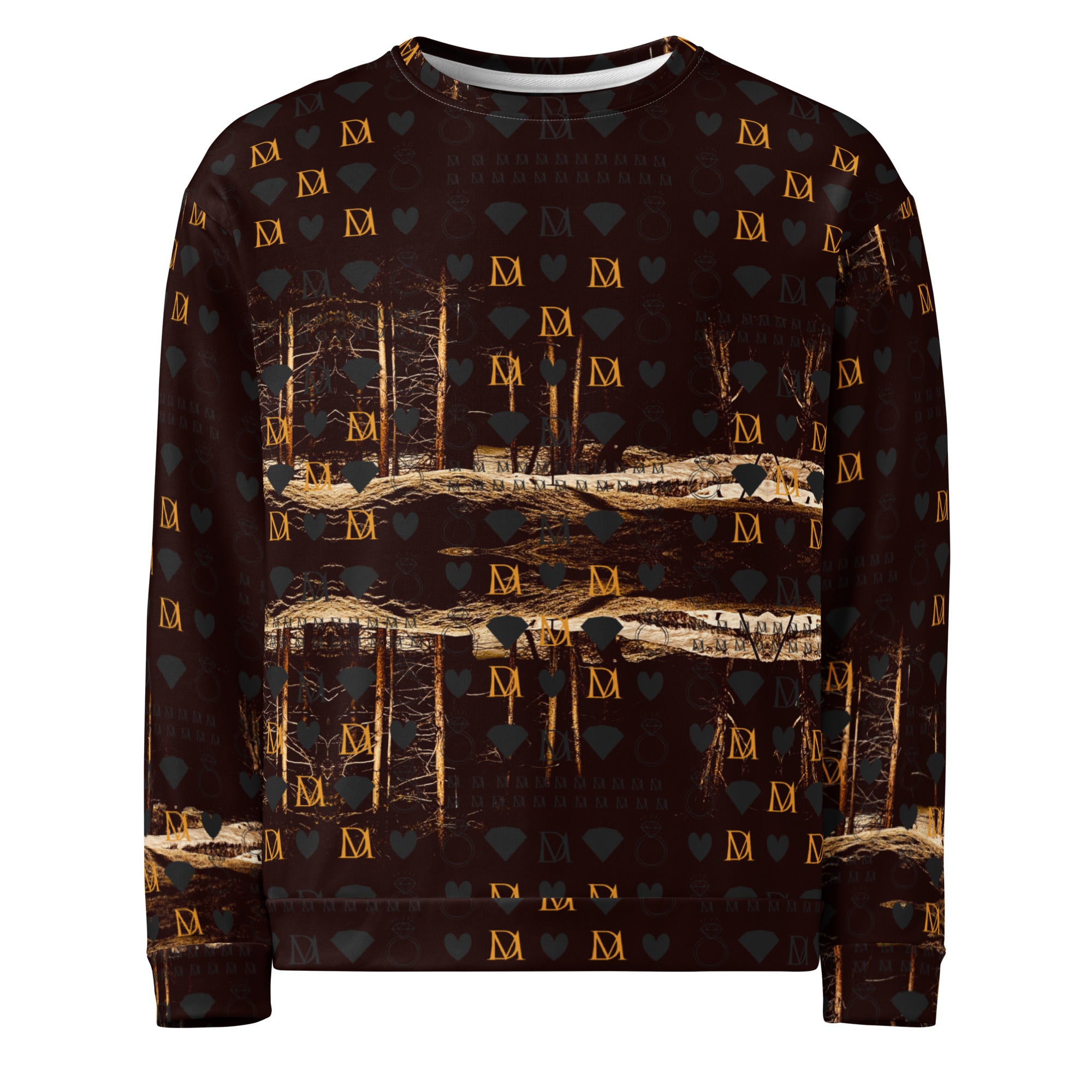 All-over-print white unisex sweatshirt with Nightfather Luv Cannibal Winters design and hood by Daemon Luxury.