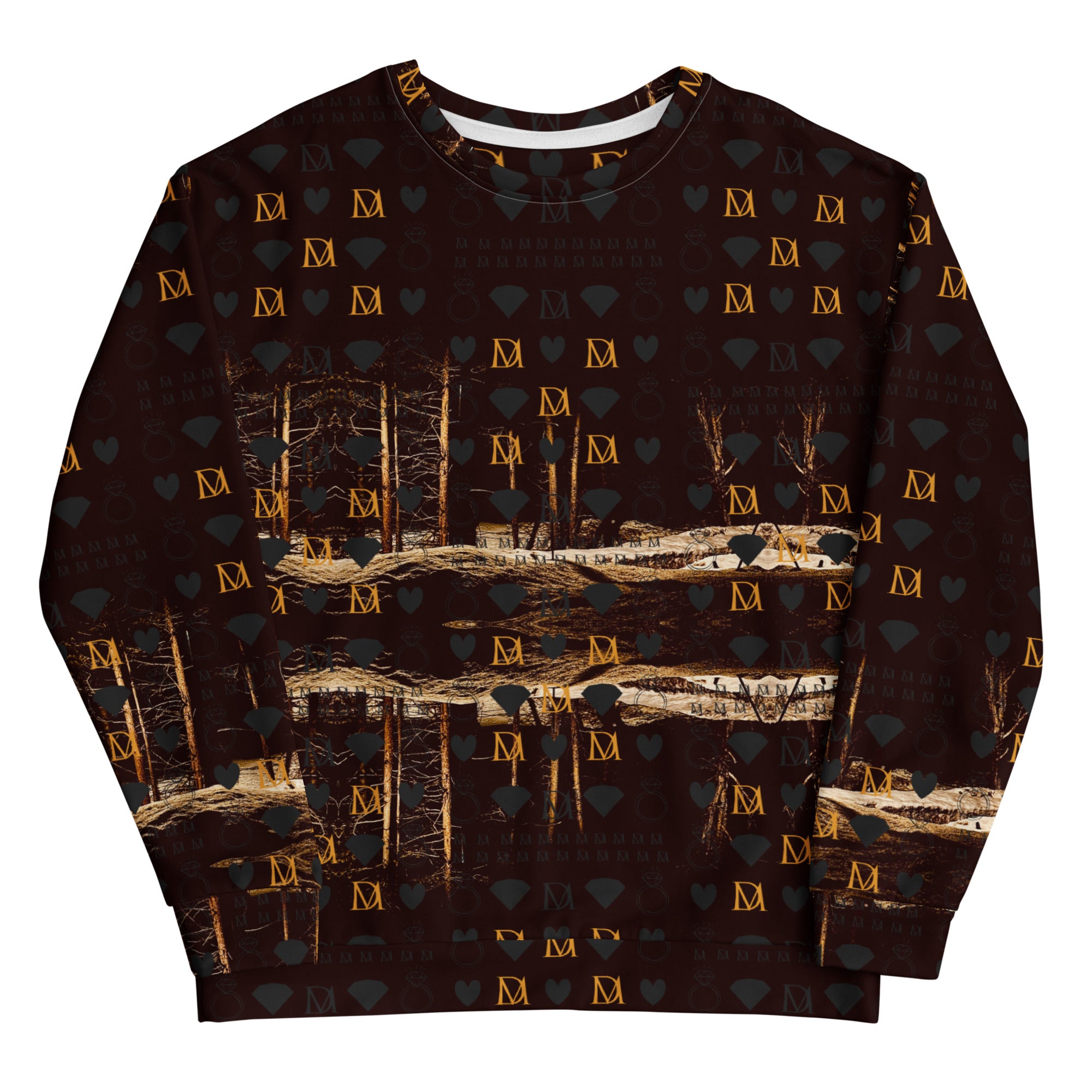 All-over-print white unisex sweatshirt with a Nightfather Luv Cannibal Winters design and hood, by Daemon Luxury.