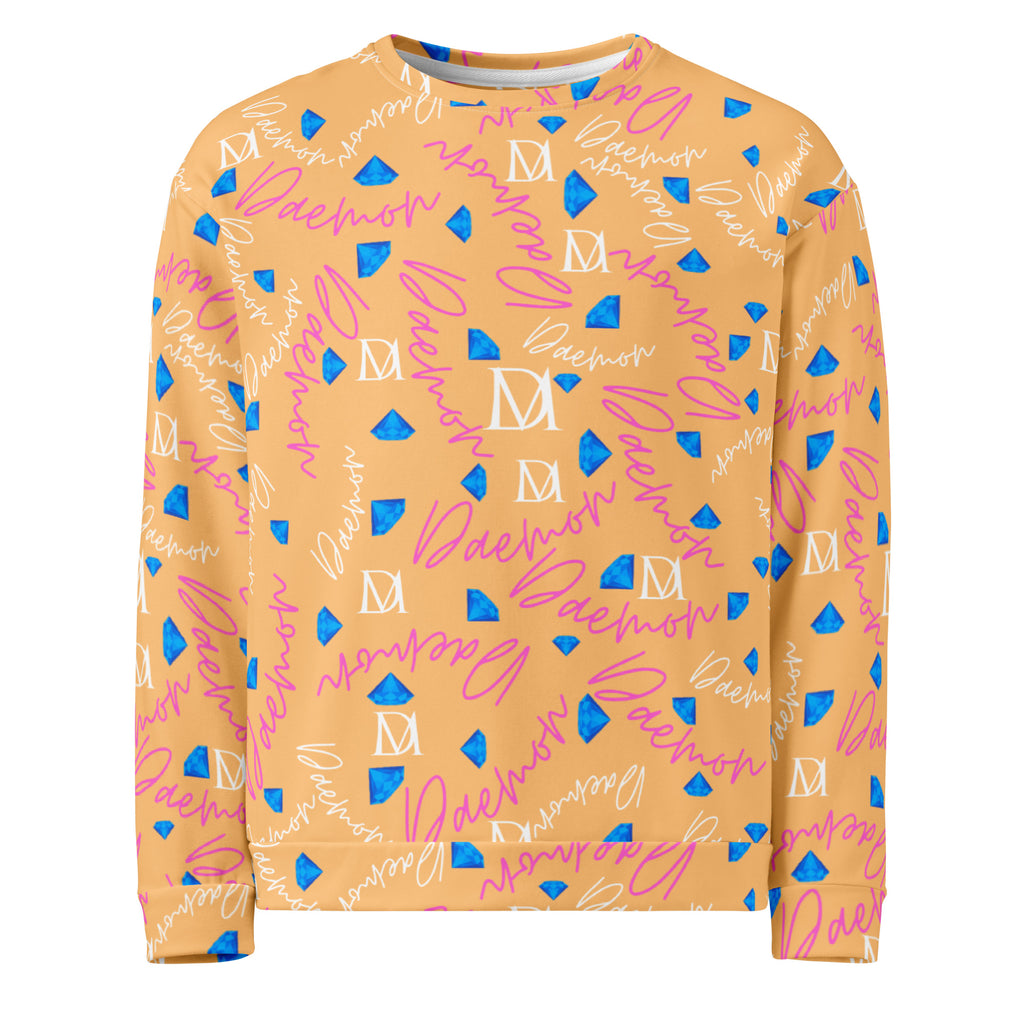Recycled white unisex sweatshirt by Daemon Luxury featuring Picasso Mirrors Quintara’s Sunset all-over print on the front.