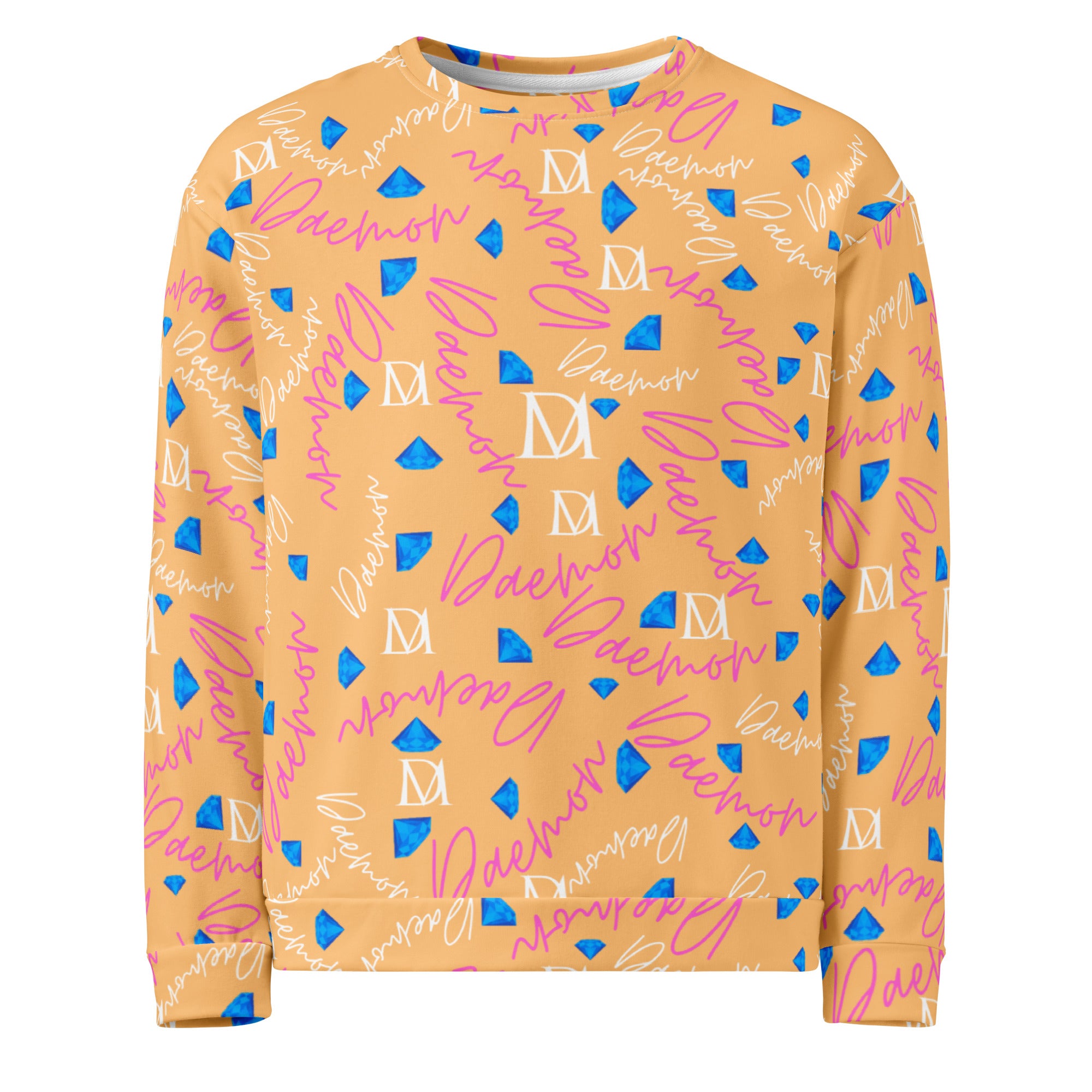 Recycled white unisex sweatshirt by Daemon Luxury featuring Picasso Mirrors Quintara’s Sunset all-over print on the front.