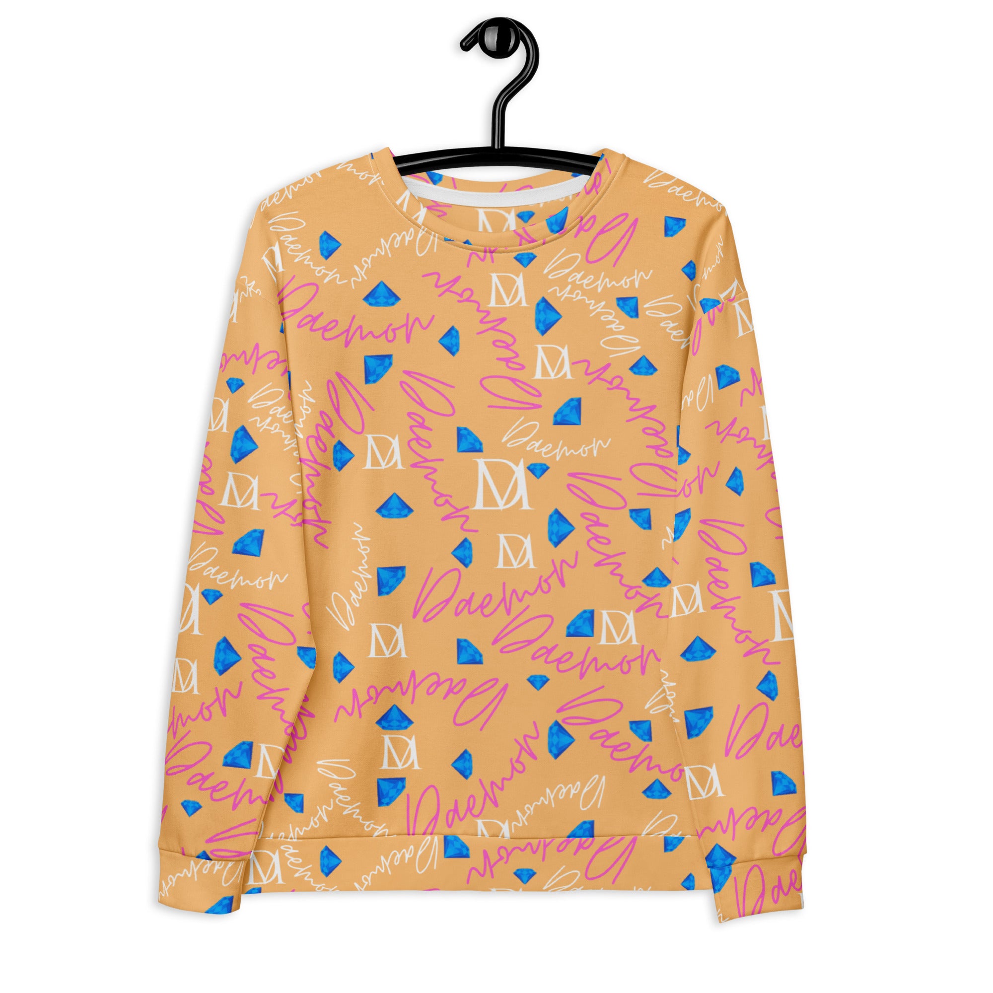 Daemon Luxury Picasso Mirrors Quintara’s Sunset unisex recycled sweatshirt with all-over sunset print on white background.