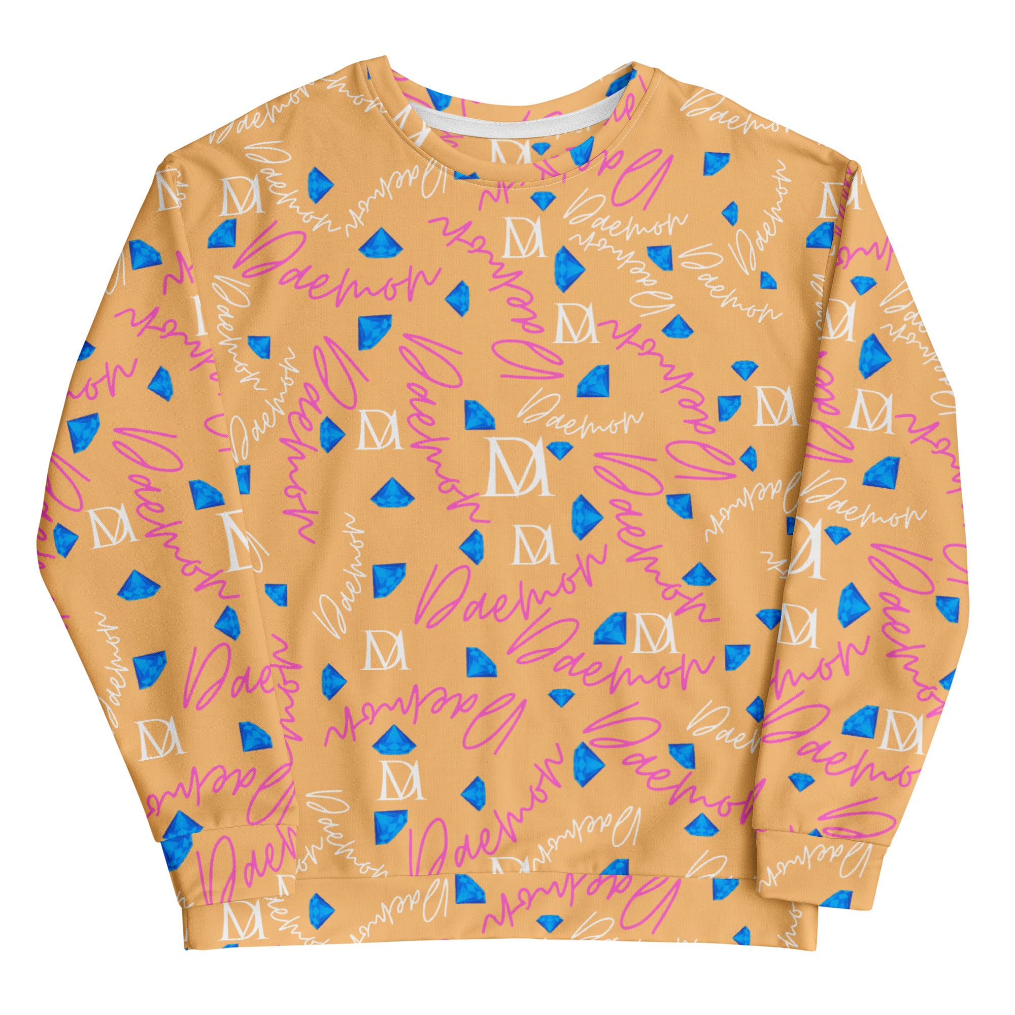 Recycled white unisex sweatshirt featuring all-over-print Picasso Mirrors (Quintara’s Sunset) design by Daemon Luxury.