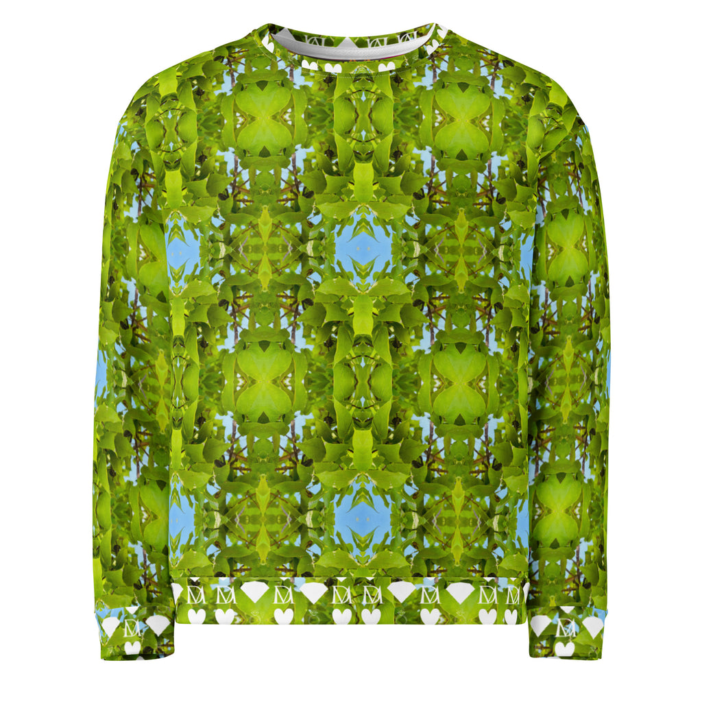 Unisex white Daemon Luxury Belly Red’s Garden (Rebirth) recycled cotton sweatshirt with colorful all-over garden print front view.