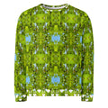 Unisex white Daemon Luxury Belly Red’s Garden (Rebirth) recycled cotton sweatshirt with colorful all-over garden print front view.
