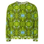 Unisex white Daemon Luxury Belly Red’s Garden (Rebirth) recycled cotton sweatshirt with colorful all-over garden print front view.