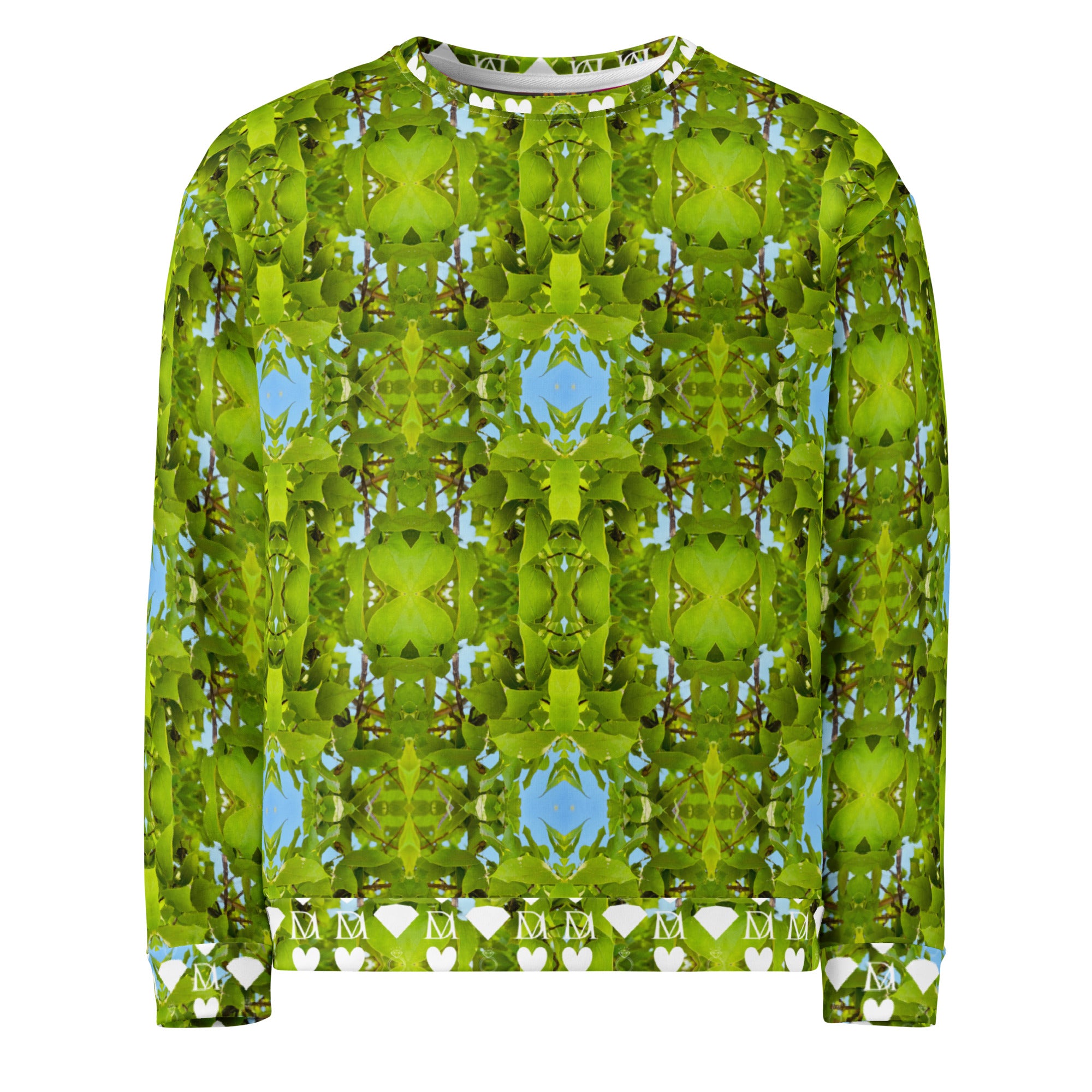 Unisex white Daemon Luxury Belly Red’s Garden (Rebirth) recycled cotton sweatshirt with colorful all-over garden print front view.