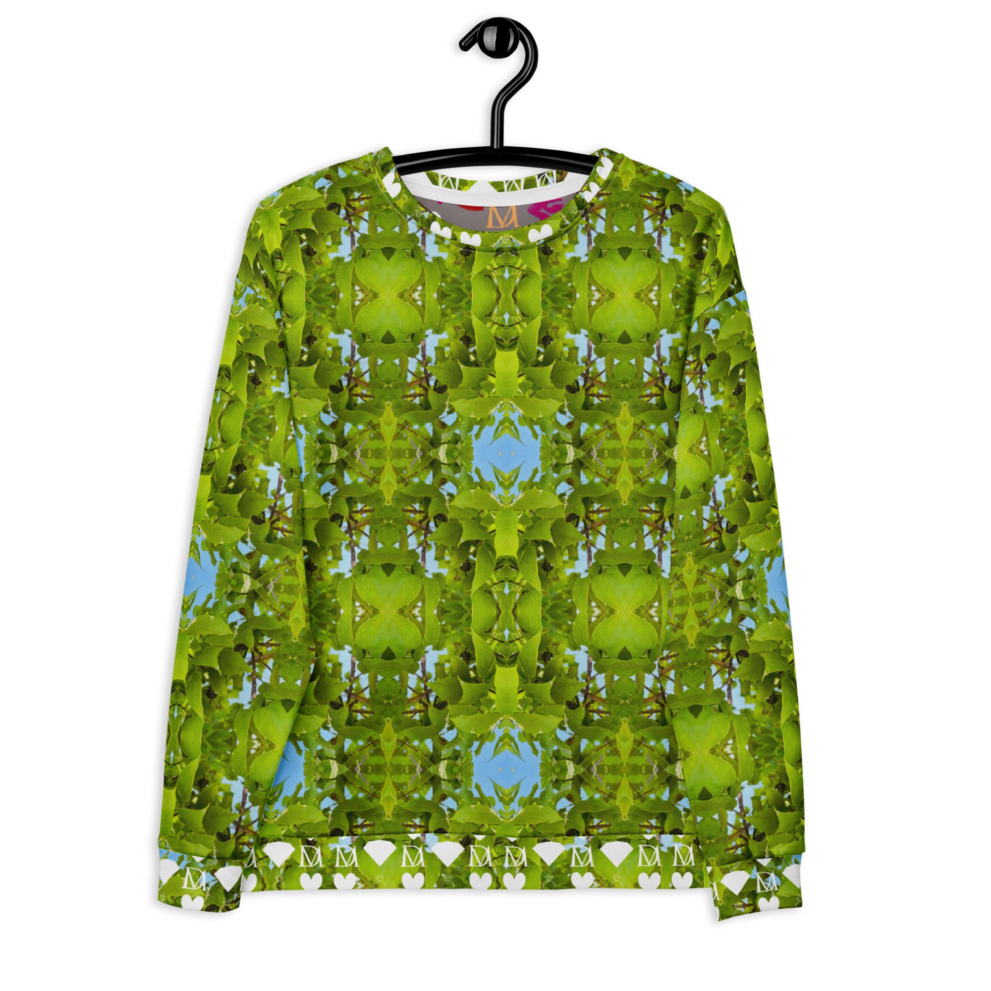 Daemon Luxury Belly Red’s Garden Rebirth unisex recycled sweatshirt with all-over print on white front.