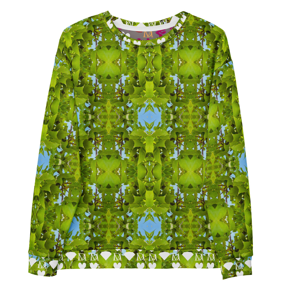 Unisex white recycled sweatshirt featuring all-over garden rebirth print by Daemon Luxury, casual and eco-friendly fashion piece.