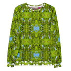 Unisex white recycled sweatshirt featuring all-over garden rebirth print by Daemon Luxury, casual and eco-friendly fashion piece.