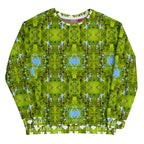 Recycled white unisex sweatshirt featuring Belly Red’s Garden (Rebirth) all-over print by Daemon Luxury.