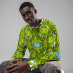 All-over print recycled white unisex sweatshirt featuring Belly Red’s Garden (Rebirth) design by Daemon Luxury.