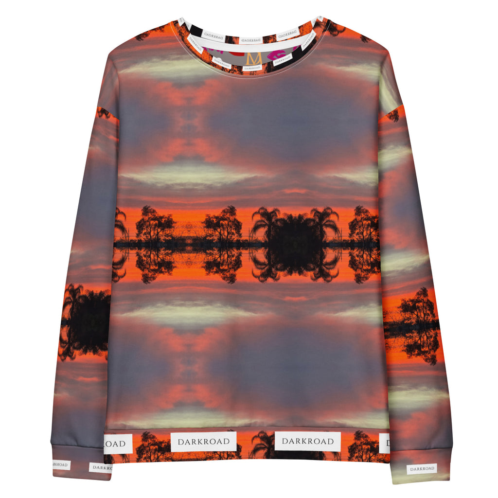 Recycled white unisex sweatshirt with all-over darkroad hellbreak print by Daemon Luxury, front view showing detailed design.
