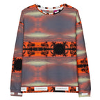 Recycled white unisex sweatshirt with all-over darkroad hellbreak print by Daemon Luxury, front view showing detailed design.