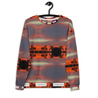 Recycled white unisex sweatshirt featuring all-over Darkroad Hellbreak print by Daemon Luxury, front view.