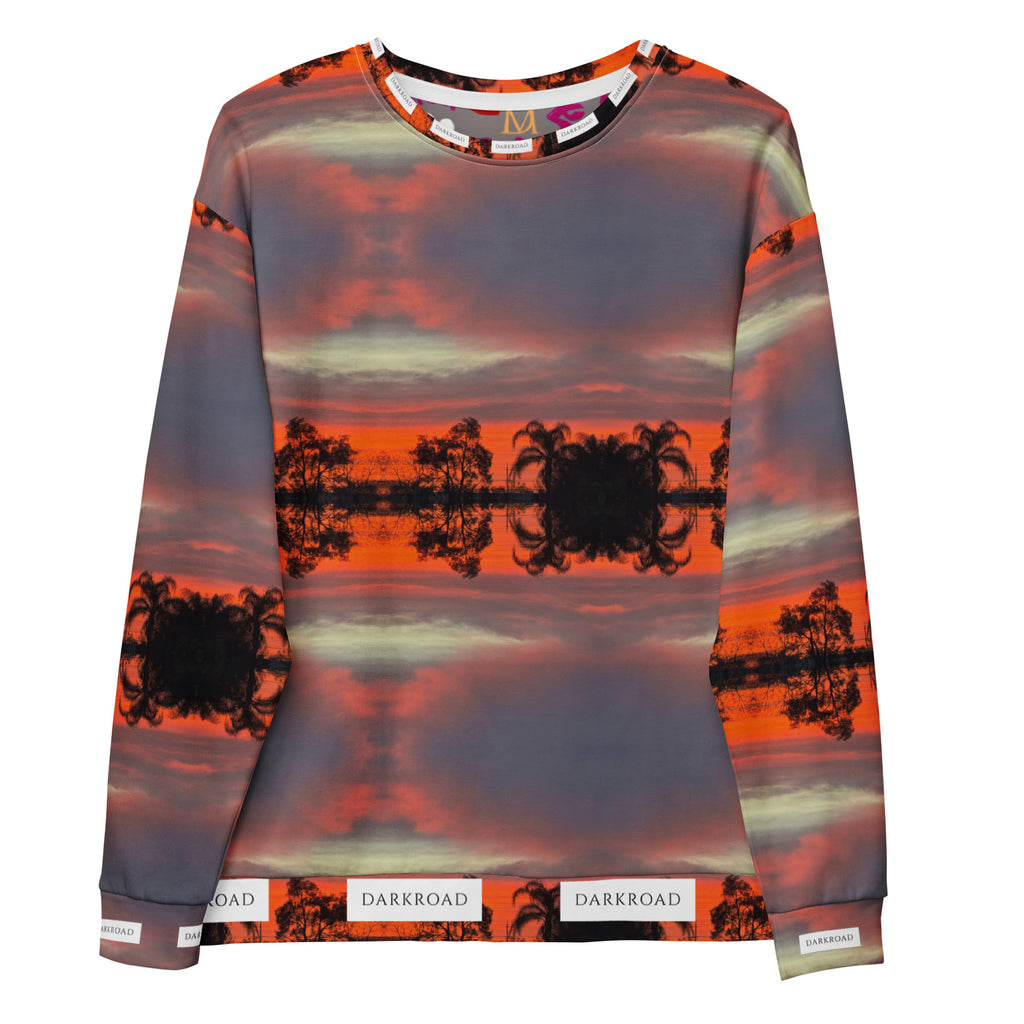 White Daemon Luxury DARKROAD Hellbreak recycled unisex sweatshirt with all-over print, front view showing detailed graphic design.