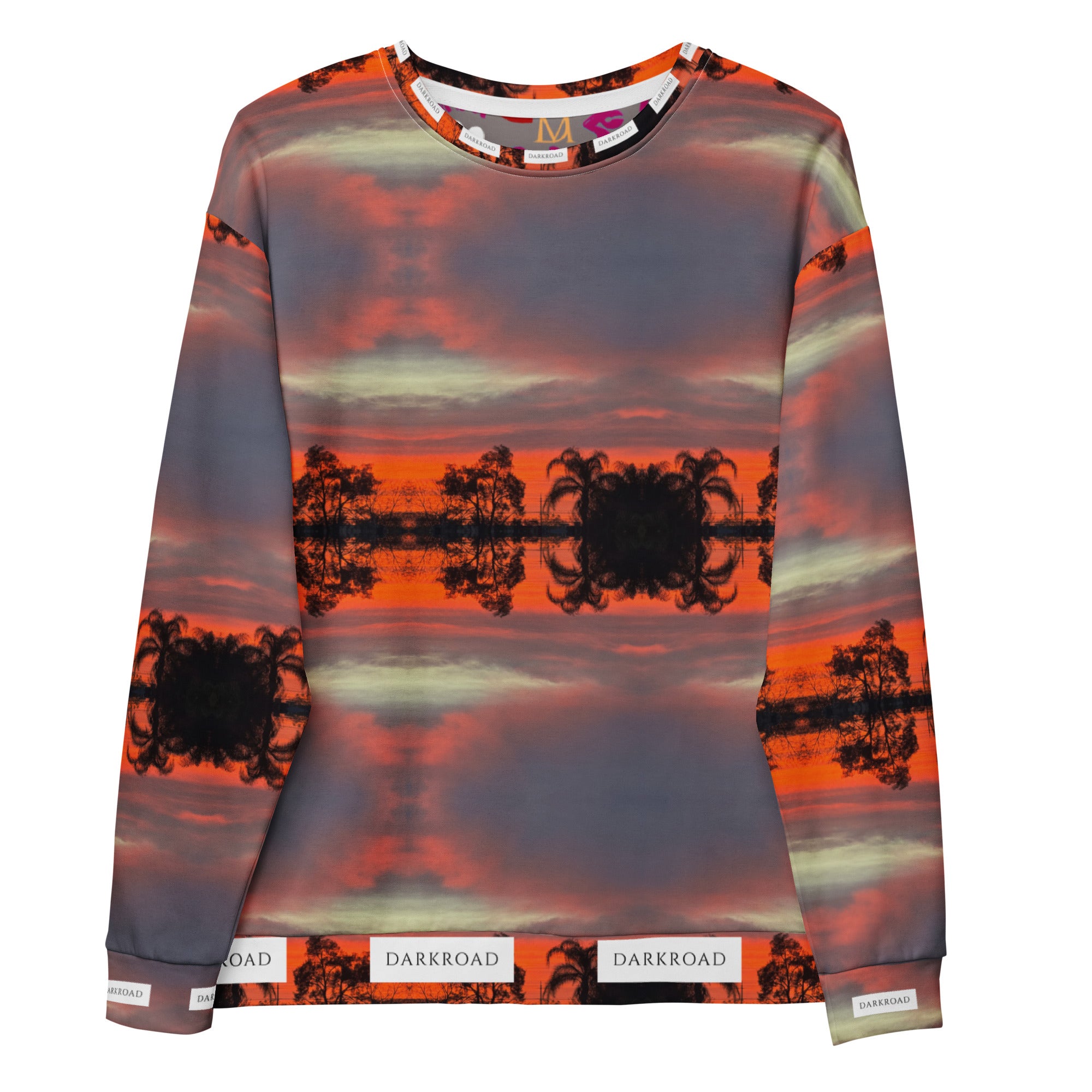 White Daemon Luxury DARKROAD Hellbreak recycled unisex sweatshirt with all-over print, front view showing detailed graphic design.