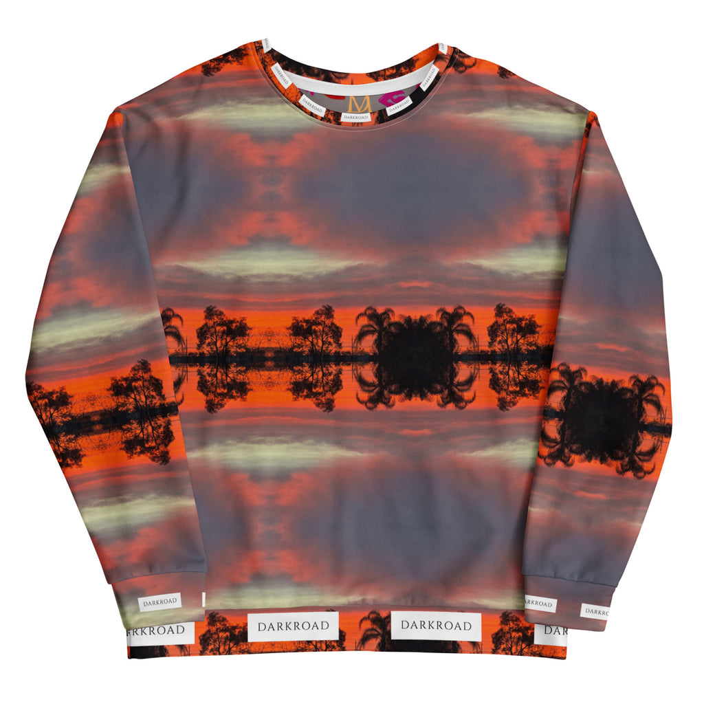 White all-over-print recycled unisex sweatshirt featuring DARKROAD (HELLBREAK) design by Daemon Luxury.