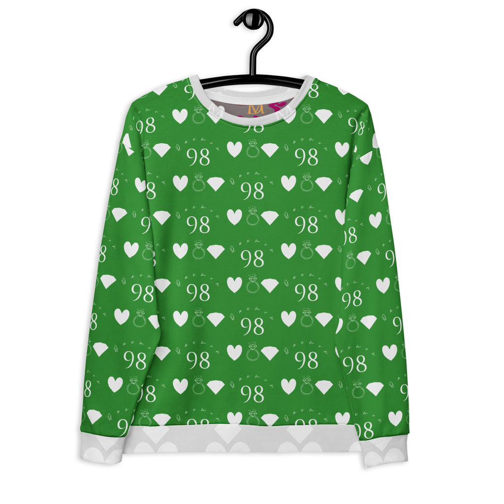 Unisex white Felpa sweatshirt featuring a colorful all-over garden print by Daemon Luxury, made from recycled materials.