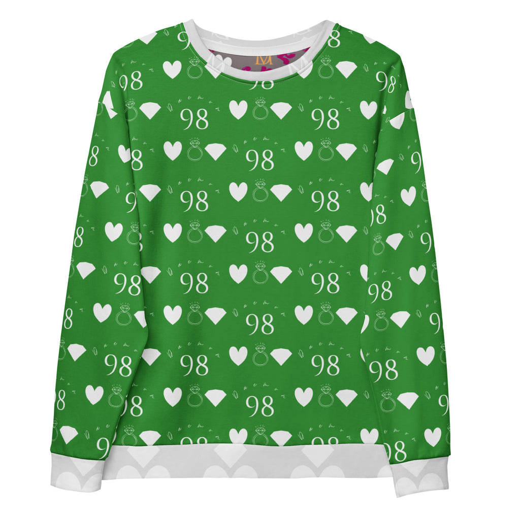 Daemon Luxury Belly Red’s Garden Enriched unisex recycled sweatshirt with colorful all-over print on white fabric front view