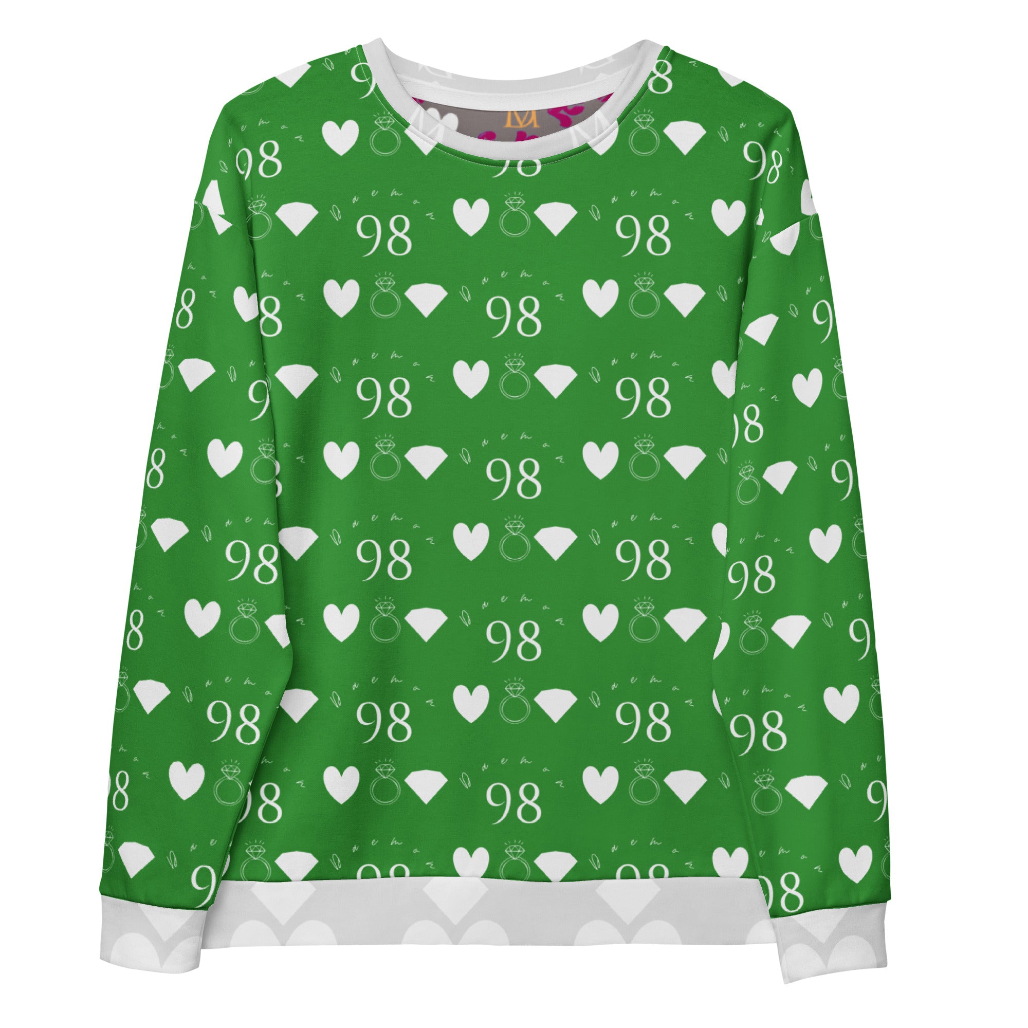 Daemon Luxury Belly Red’s Garden Enriched unisex recycled sweatshirt with colorful all-over print on white fabric front view