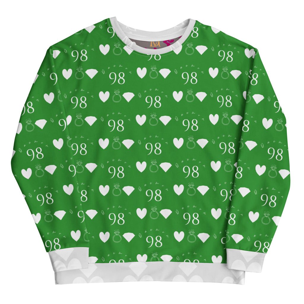 Unisex white recycled cotton sweatshirt from Daemon Luxury's Belly Red’s Garden Enriched collection with colorful all-over print.