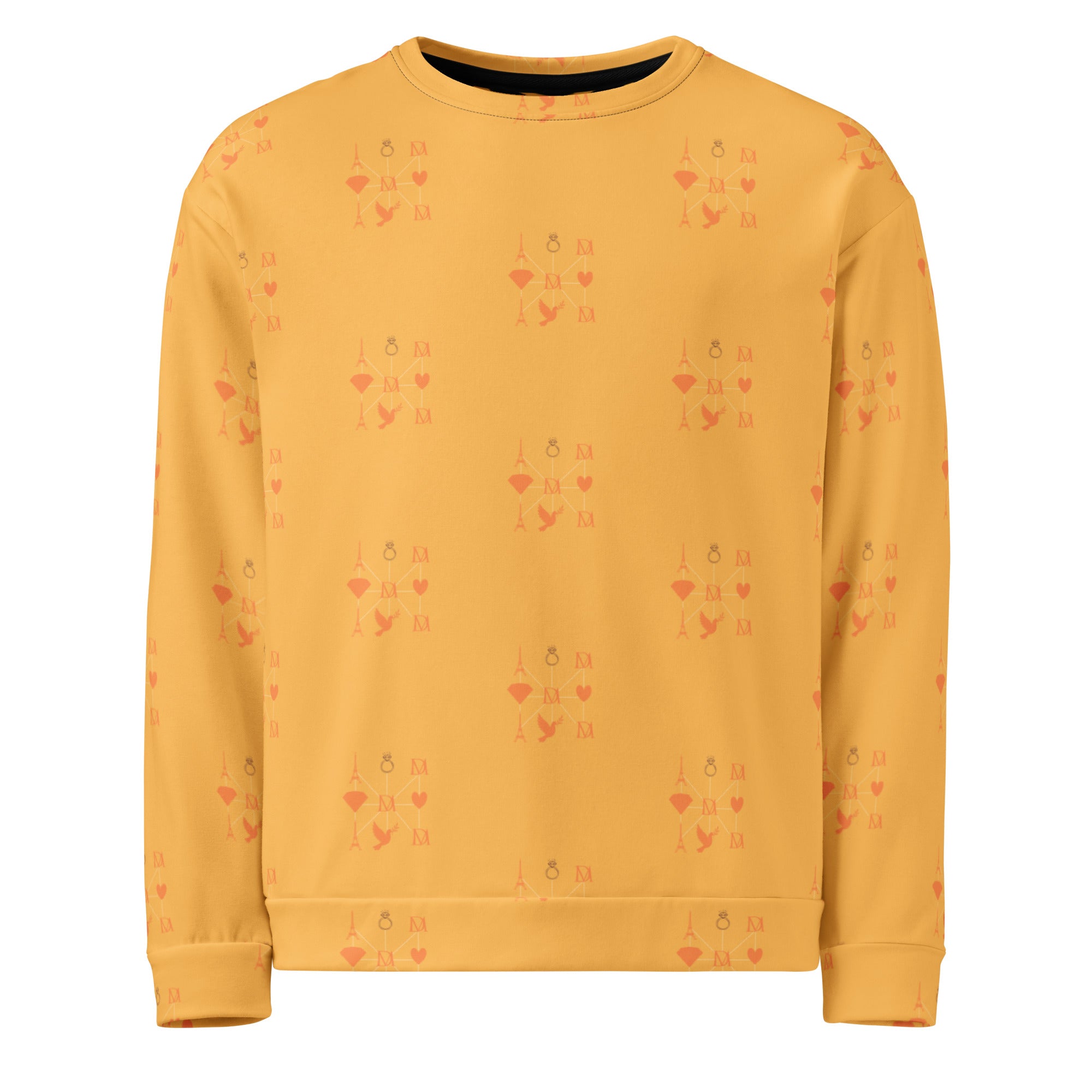 Recycled white unisex sweatshirt with all-over Makara Coroner Lucciole Falo print by Daemon Luxury, front view.
