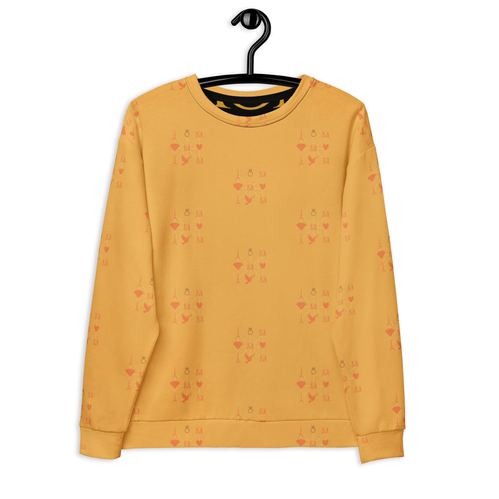 Daemon Luxury Makara Coroner Lucciole Falo unisex white recycled all-over-print sweatshirt featuring intricate design and bold style.