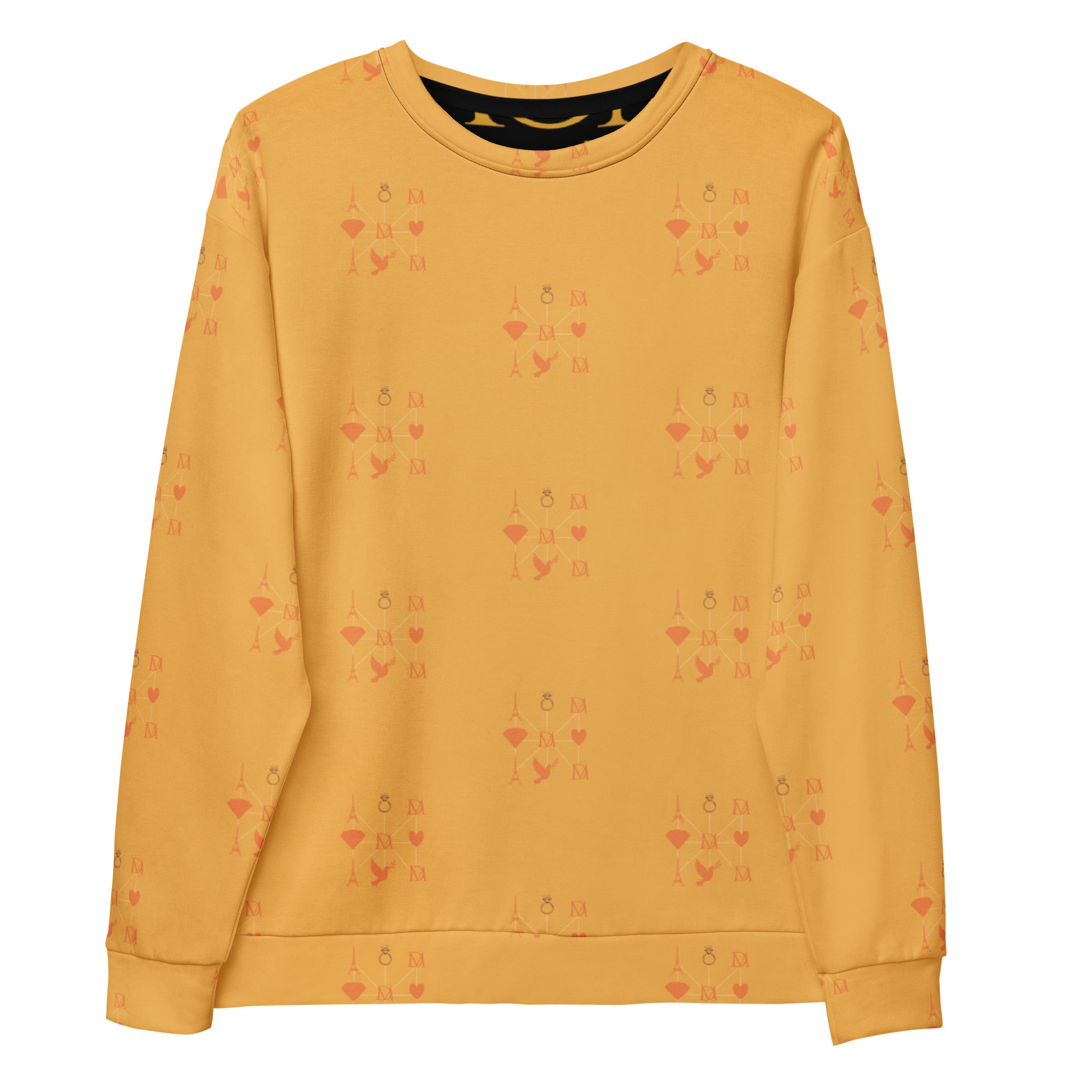 White Daemon Luxury Makara Coroner all-over-print recycled unisex sweatshirt featuring Lucciole Falo design on the front.