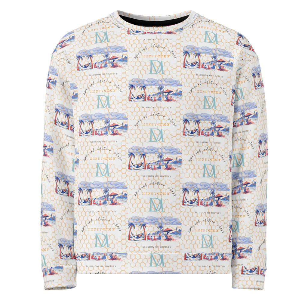 Recycled white Honeybee Intel (Forecast) unisex sweatshirt by Daemon Luxury with all-over honeybee print on the front.