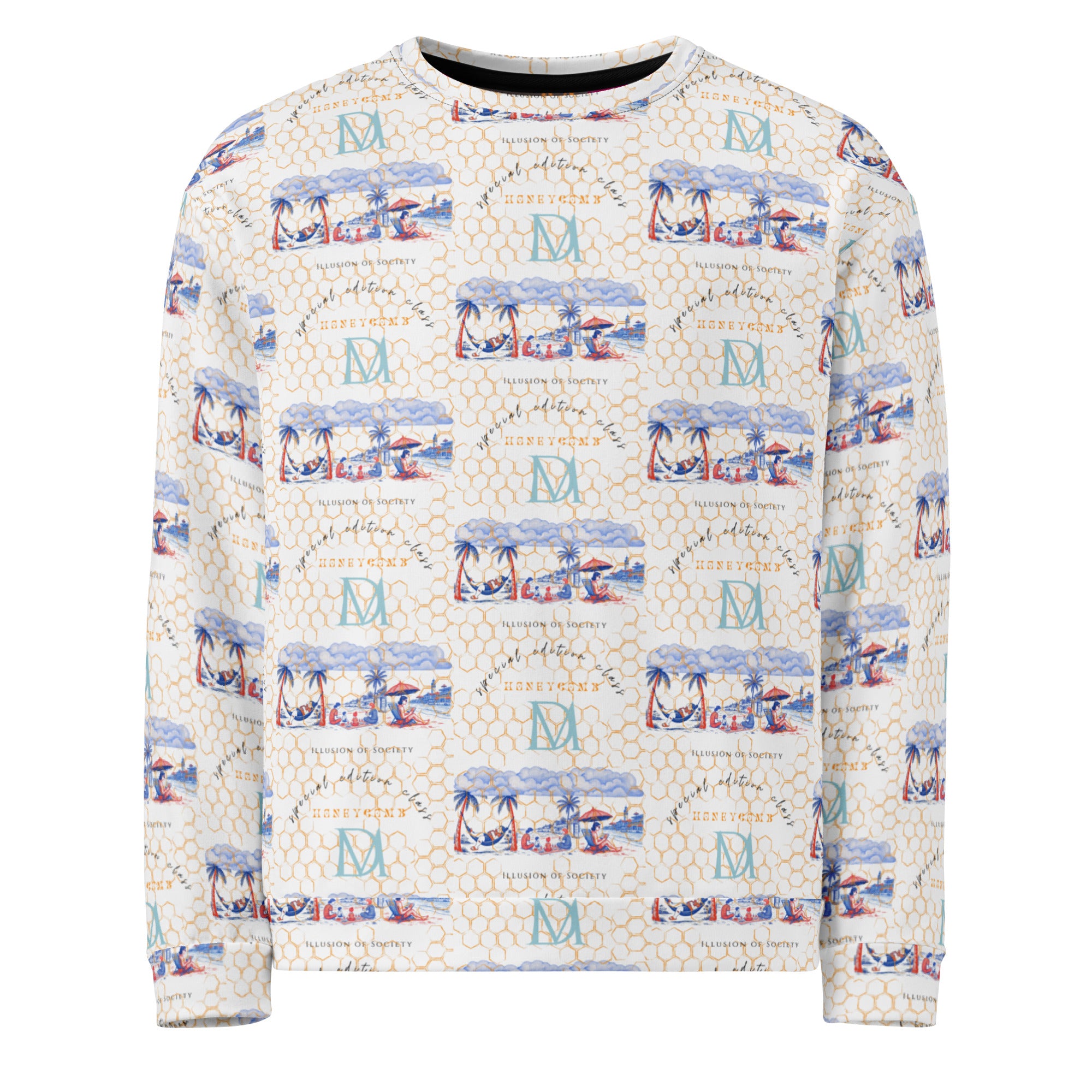 Recycled white Honeybee Intel (Forecast) unisex sweatshirt by Daemon Luxury with all-over honeybee print on the front.