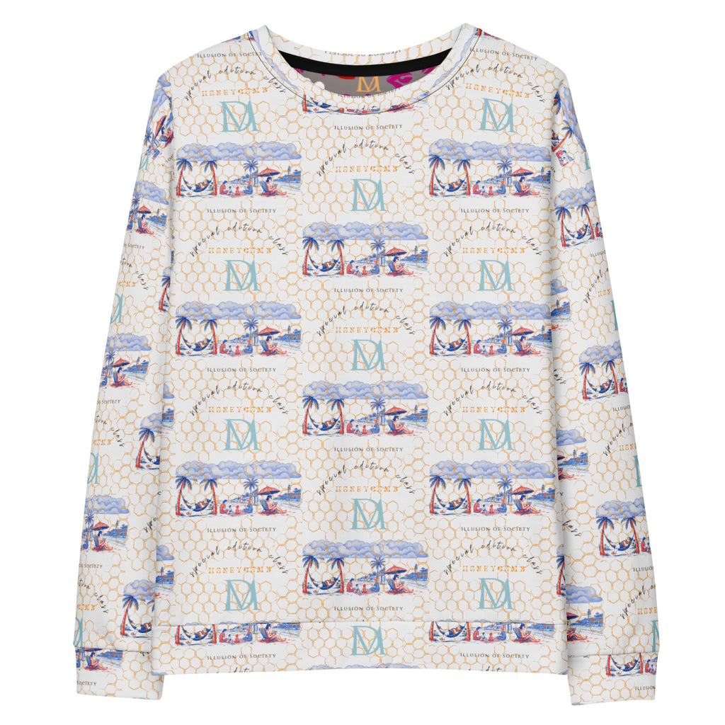 Unisex white Honeybee Intel Felpa sweatshirt with all-over print, made from recycled materials, by Daemon Luxury.