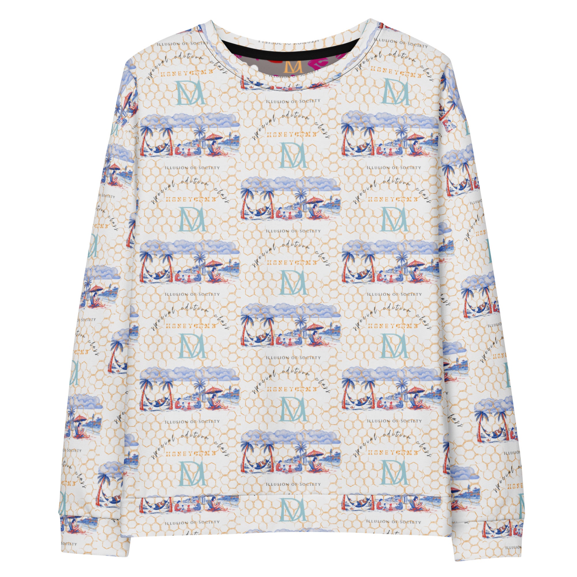 Unisex white Honeybee Intel Felpa sweatshirt with all-over print, made from recycled materials, by Daemon Luxury.