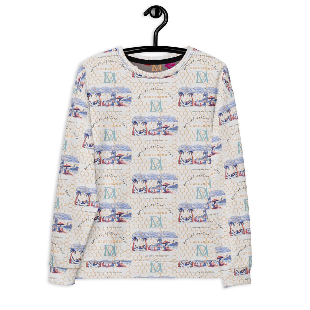 White Honeybee Intel Felpa by Daemon Luxury featuring all-over recycled print on unisex sweatshirt front.