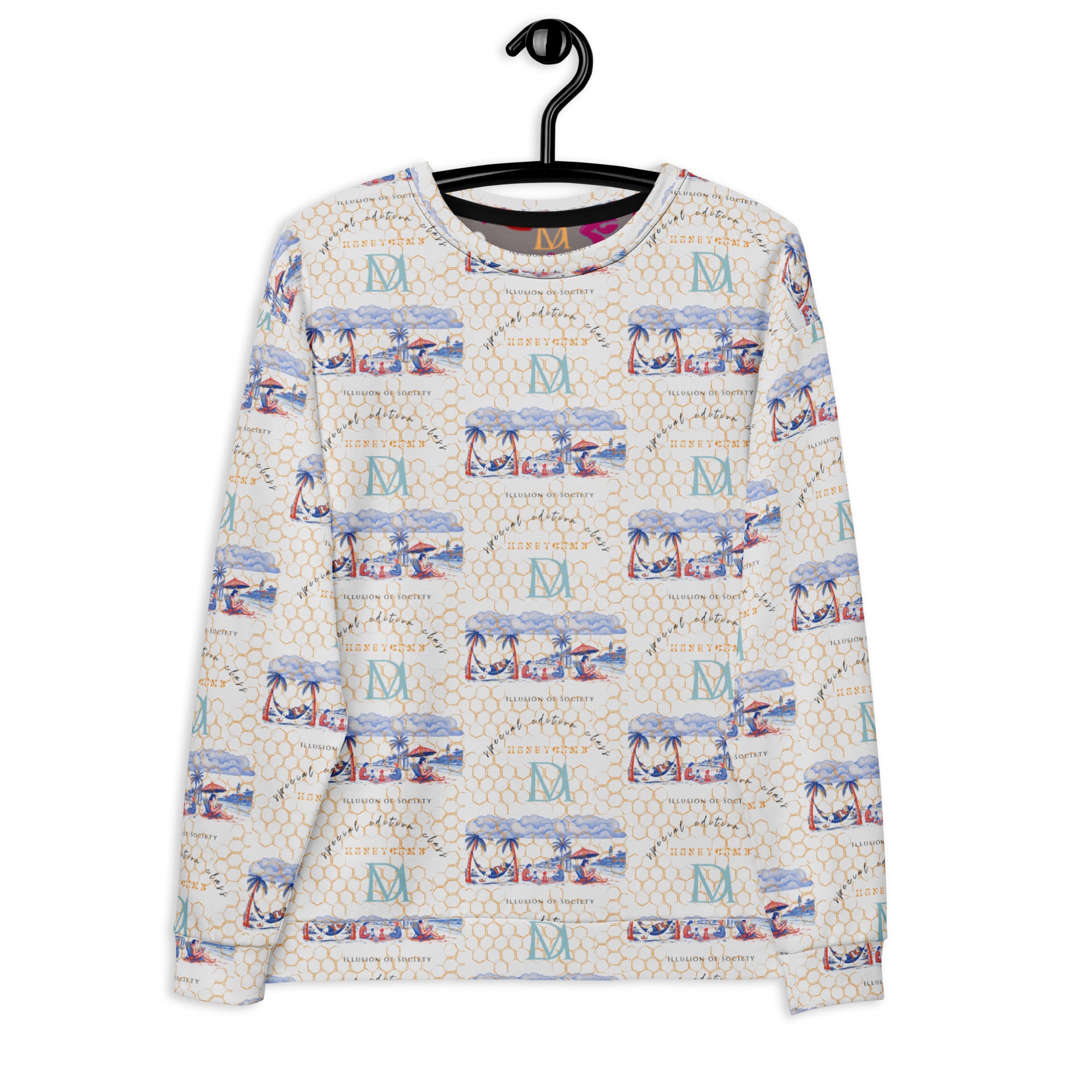 White Honeybee Intel Felpa by Daemon Luxury featuring all-over recycled print on unisex sweatshirt front.