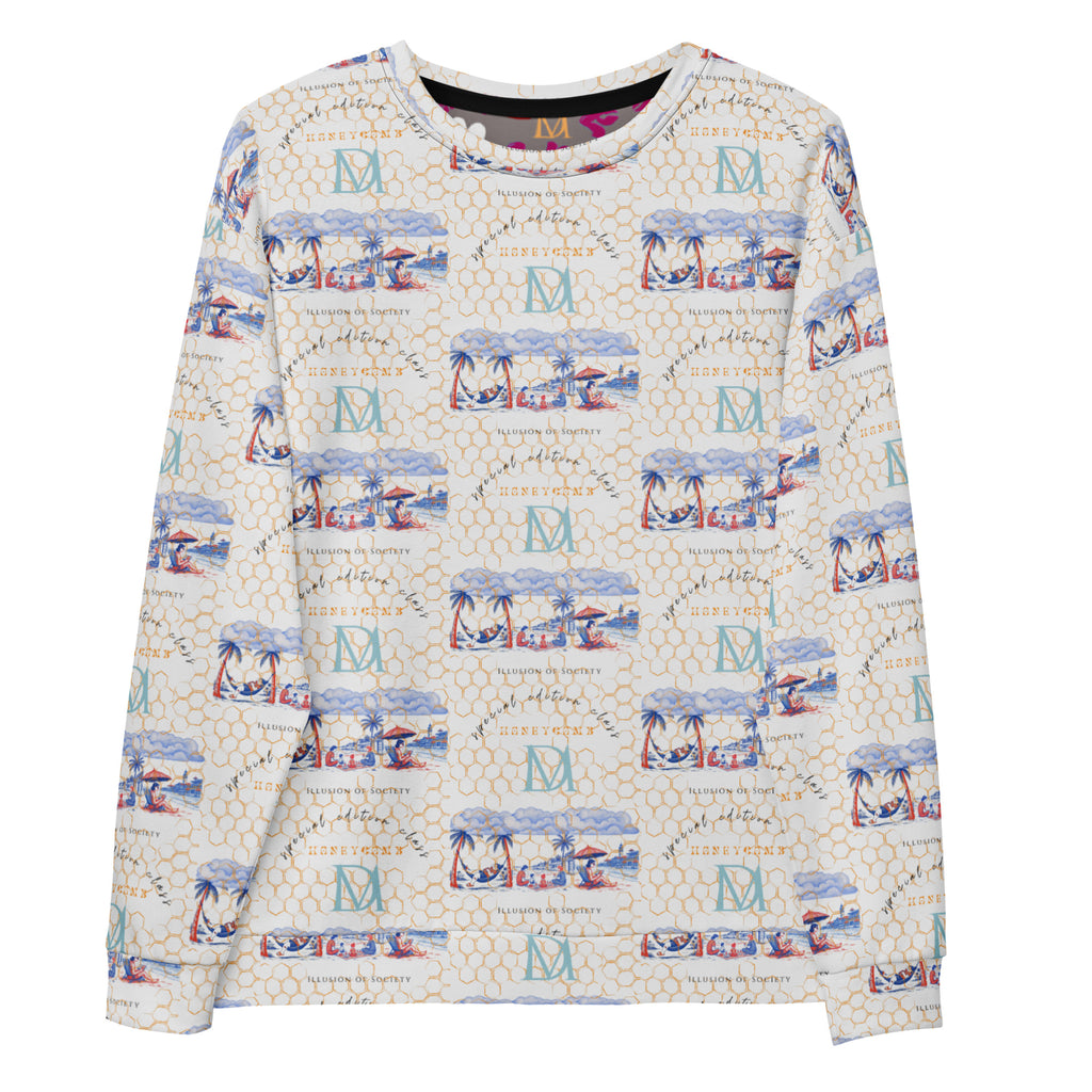White Honeybee Intel Forecast unisex sweatshirt by Daemon Luxury featuring all-over print on recycled fabric.