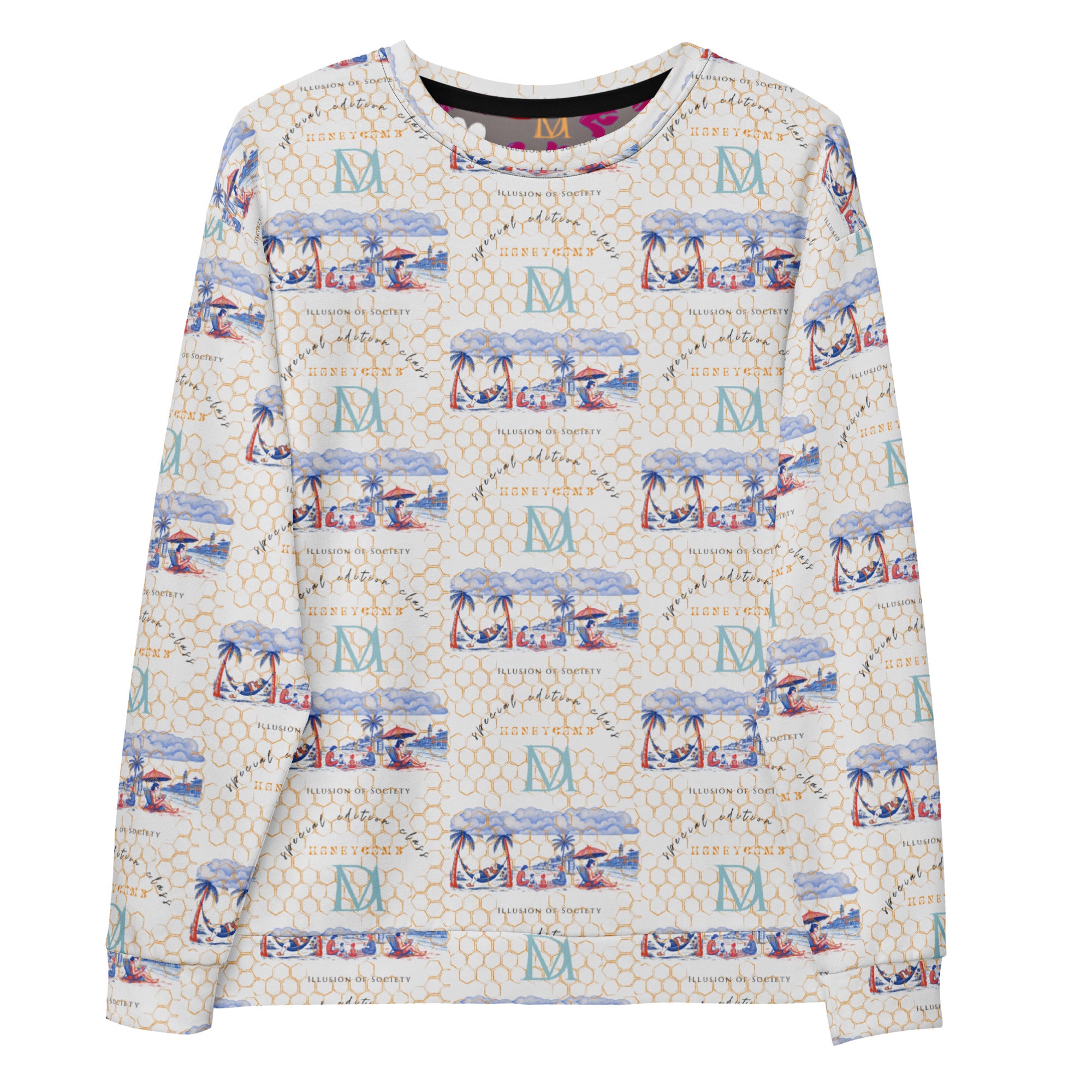 White Honeybee Intel Forecast unisex sweatshirt by Daemon Luxury featuring all-over print on recycled fabric.