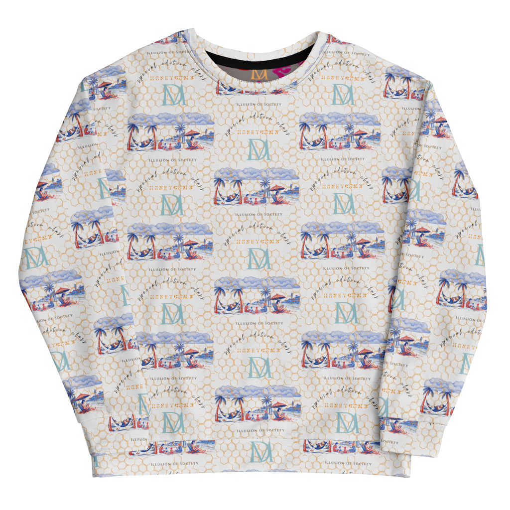 Recycled white unisex sweatshirt featuring Honeybee Intel (Forecast) all-over print by Daemon Luxury on the front.