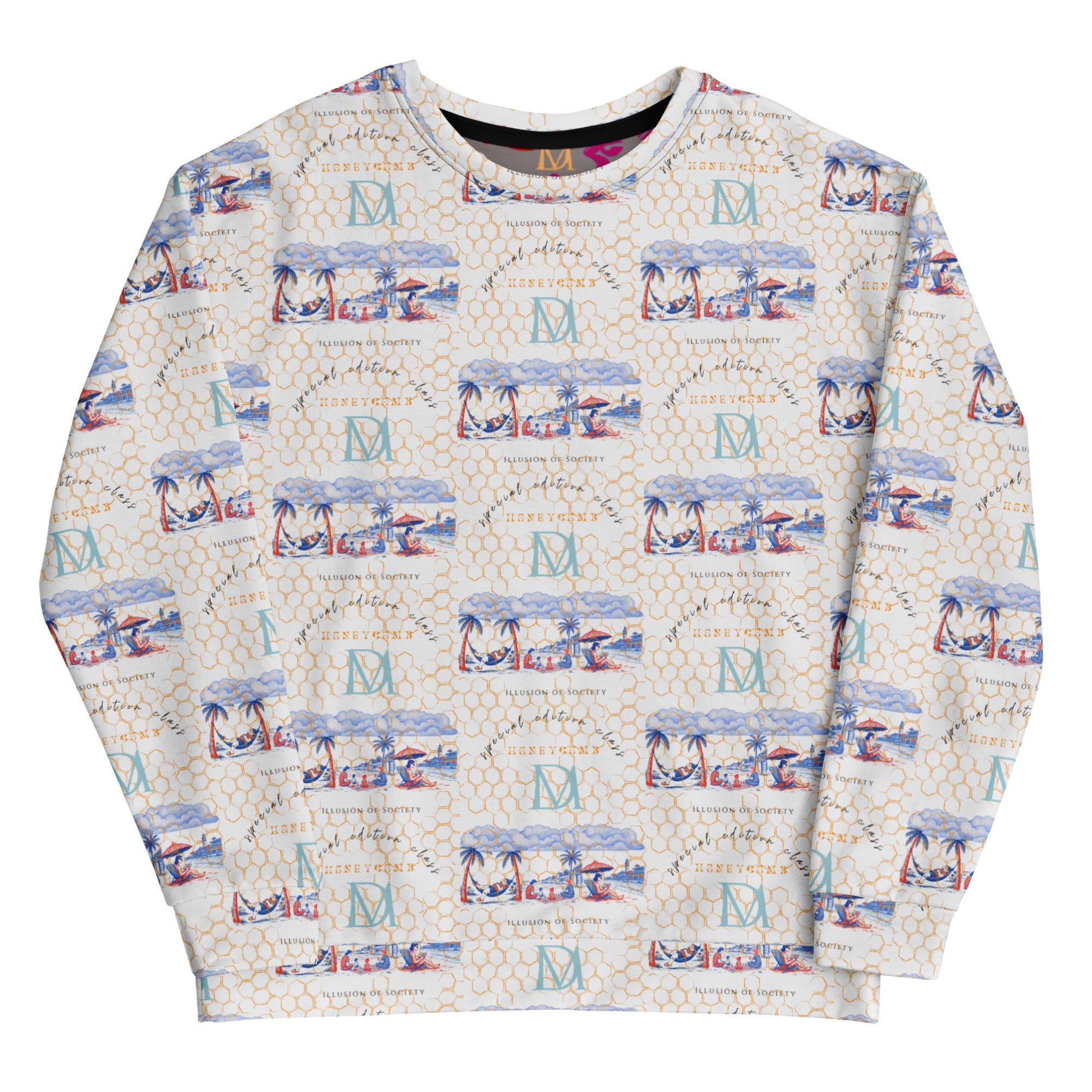 Recycled white unisex sweatshirt featuring Honeybee Intel (Forecast) all-over print by Daemon Luxury on the front.