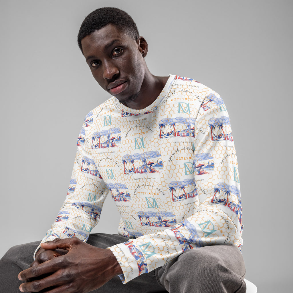 White Honeybee Intel (Forecast) unisex sweatshirt by Daemon Luxury with all-over-print recycled fabric, front view.