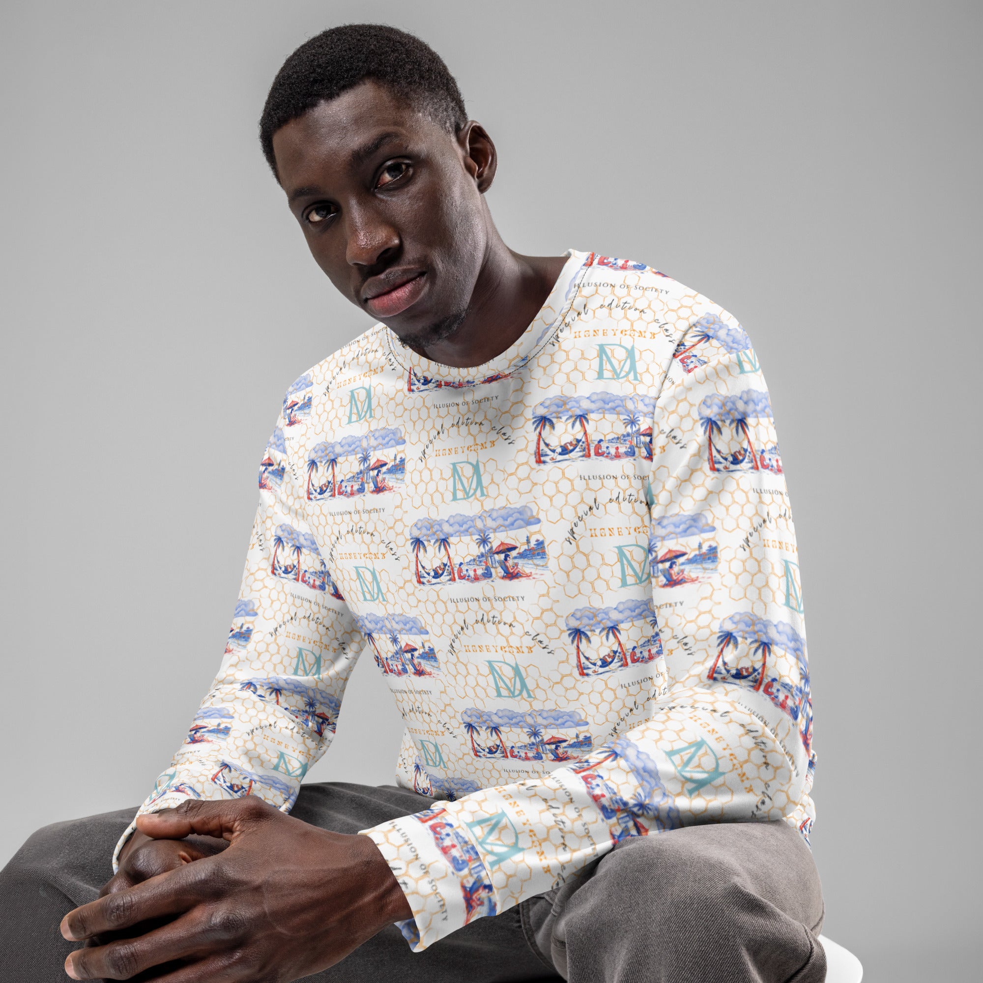 White Honeybee Intel (Forecast) unisex sweatshirt by Daemon Luxury with all-over-print recycled fabric, front view.