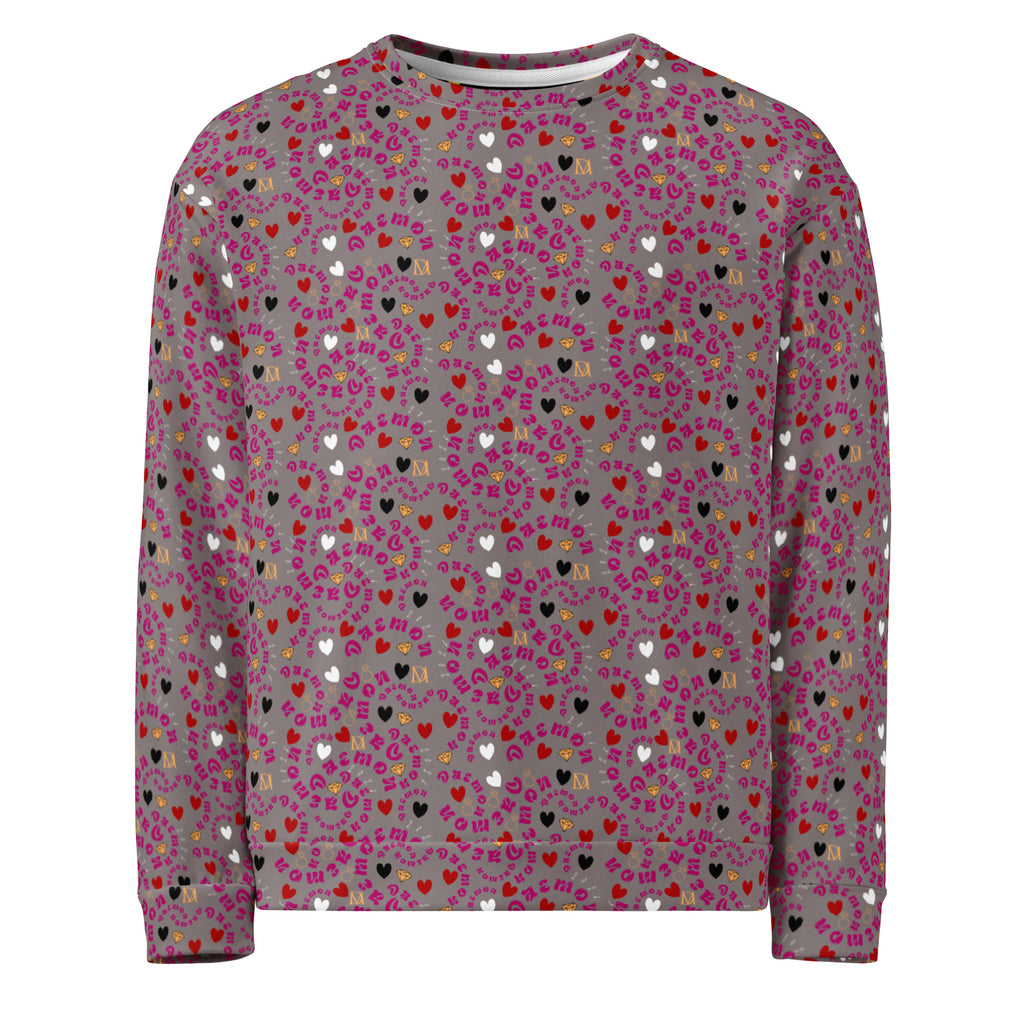 All-over print white Daemon Luxury unisex sweatshirt with recycled fabric, front view showing colorful abstract design.