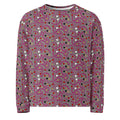 All-over print white Daemon Luxury unisex sweatshirt with recycled fabric, front view showing colorful abstract design.