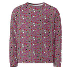 All-over print white Daemon Luxury unisex sweatshirt with recycled fabric, front view showing colorful abstract design.