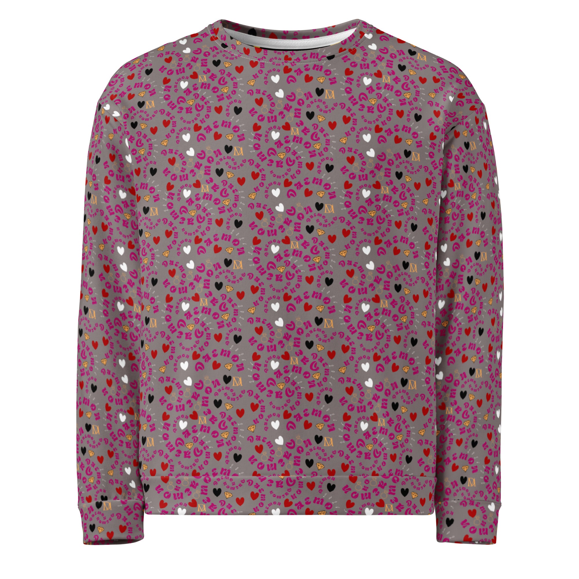 All-over print white Daemon Luxury unisex sweatshirt with recycled fabric, front view showing colorful abstract design.
