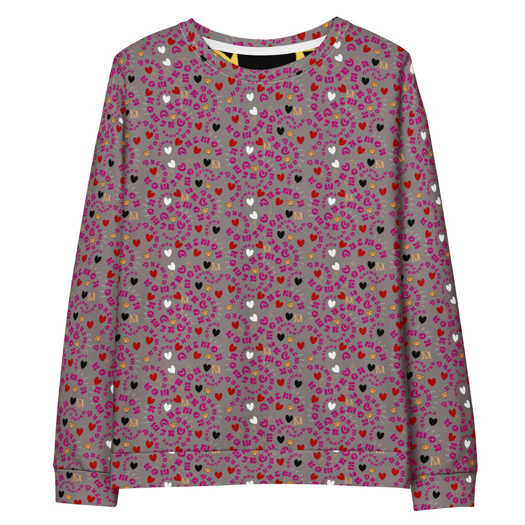 White all-over-print recycled unisex sweatshirt by Daemon Luxury, featuring a stylish graphic design on the front.