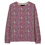 White all-over-print recycled unisex sweatshirt by Daemon Luxury, featuring a stylish graphic design on the front.